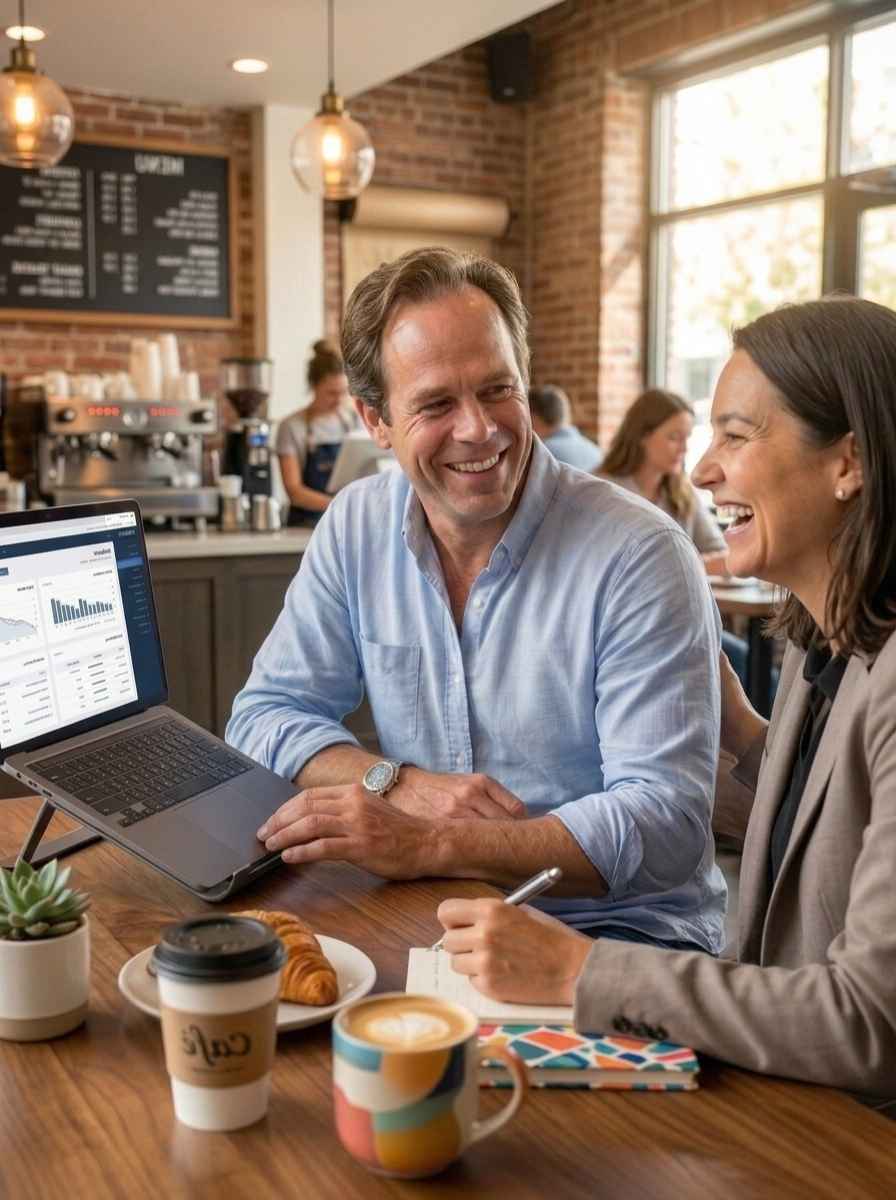 Bernie meeting with a web design client at a Cairns cafe